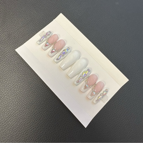 Absolute Handmade Reusable Press On Nails | Bridal Nails | Gemstones | White - Picture 5 of 9